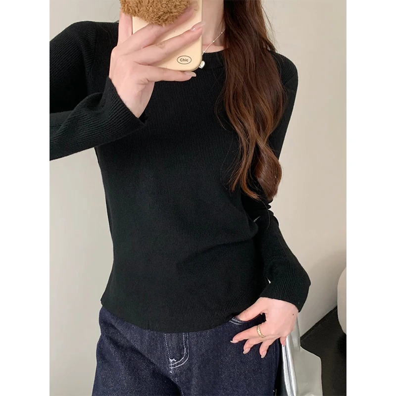 Повседневная однотонная трикотажная базовая рубашка с круглым вырезом женские