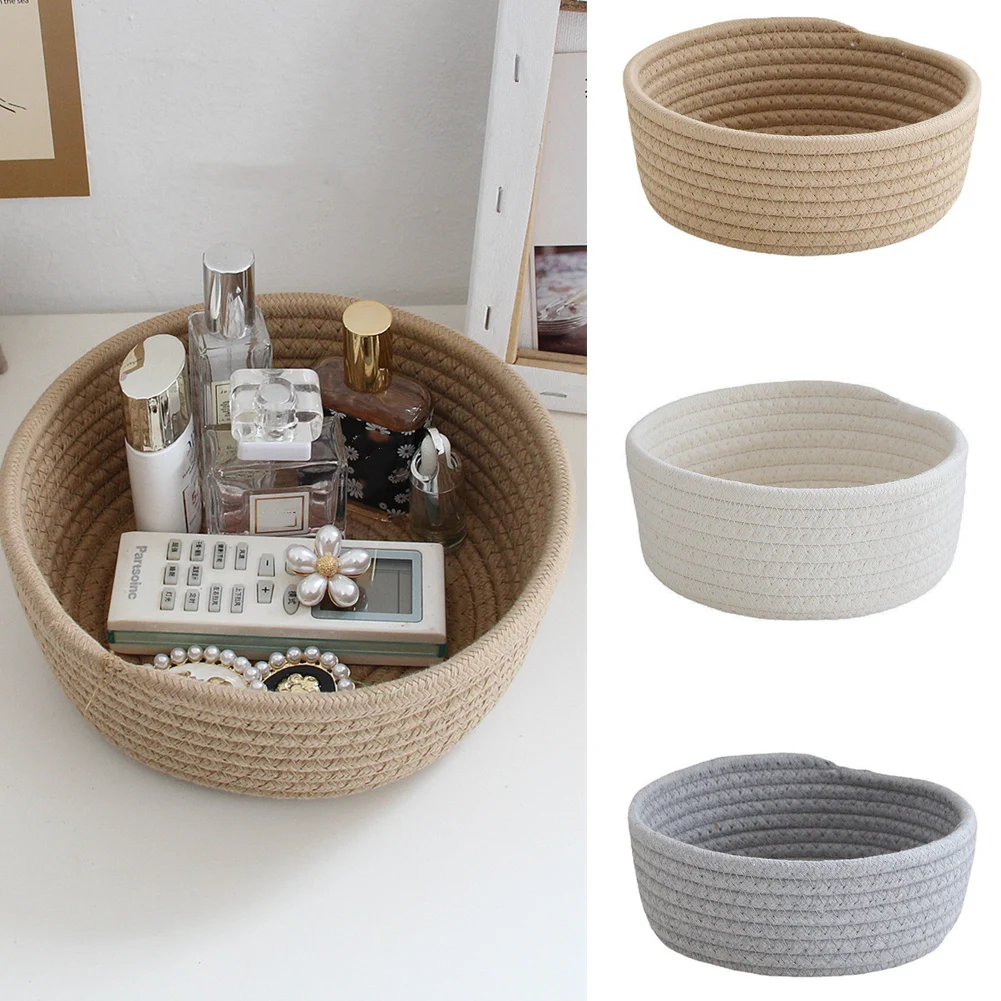 

Плетеная вручную корзина, вязаная хлопчатобумажная корзина, круглый контейнер для хранения, настольные закуски, косметика для мелочей