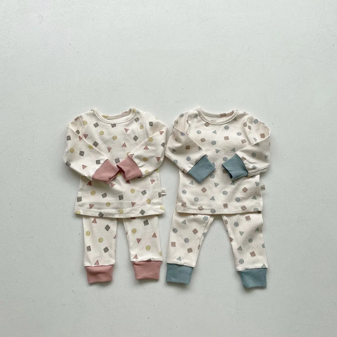 

2022 Autumn New Children Geometry Print Pajamas Suit Girl Boy Baby Cotton Long Sleeves Tops + Pants 2pcs Homewear Pyjamas Suit