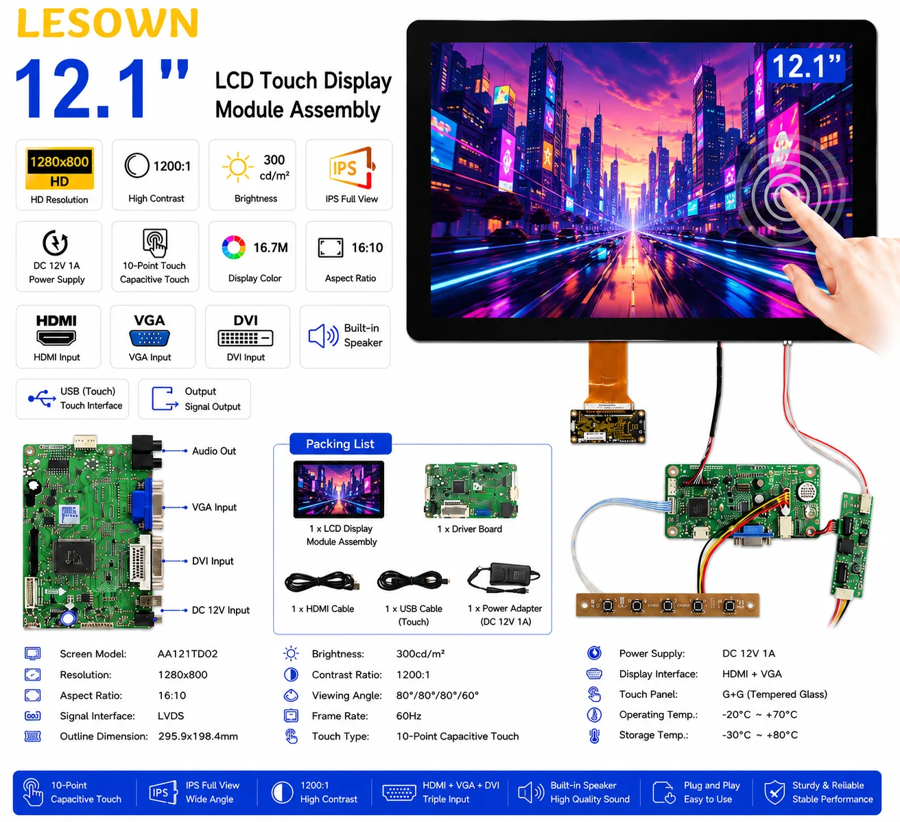 Фото Экран LESOWN 12,1 дюйма с платой управления, HD, 10-точечный сенсорный, Plug & Play, матричный дисплей №1