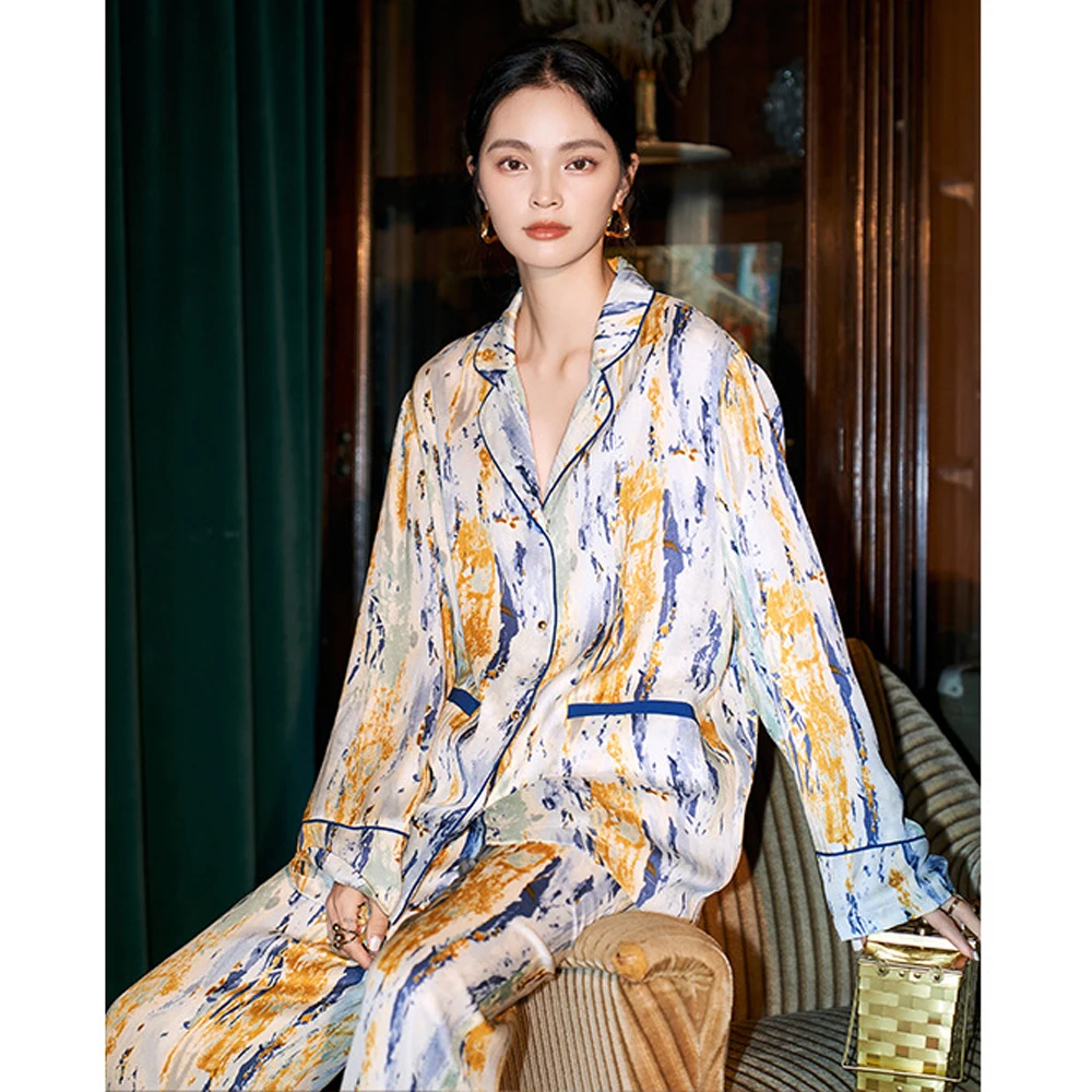 Fall Printed Pajamas Set Loungewear Sleepwear for Women 2 Pieces Long Sleeve with Pants Suit Silk Satin Female Pyjama Homewear