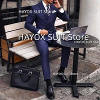 mens suits 2 piece double breasted striped jacket pants fashion business formal interview office meeting wedding groomsman tuxe