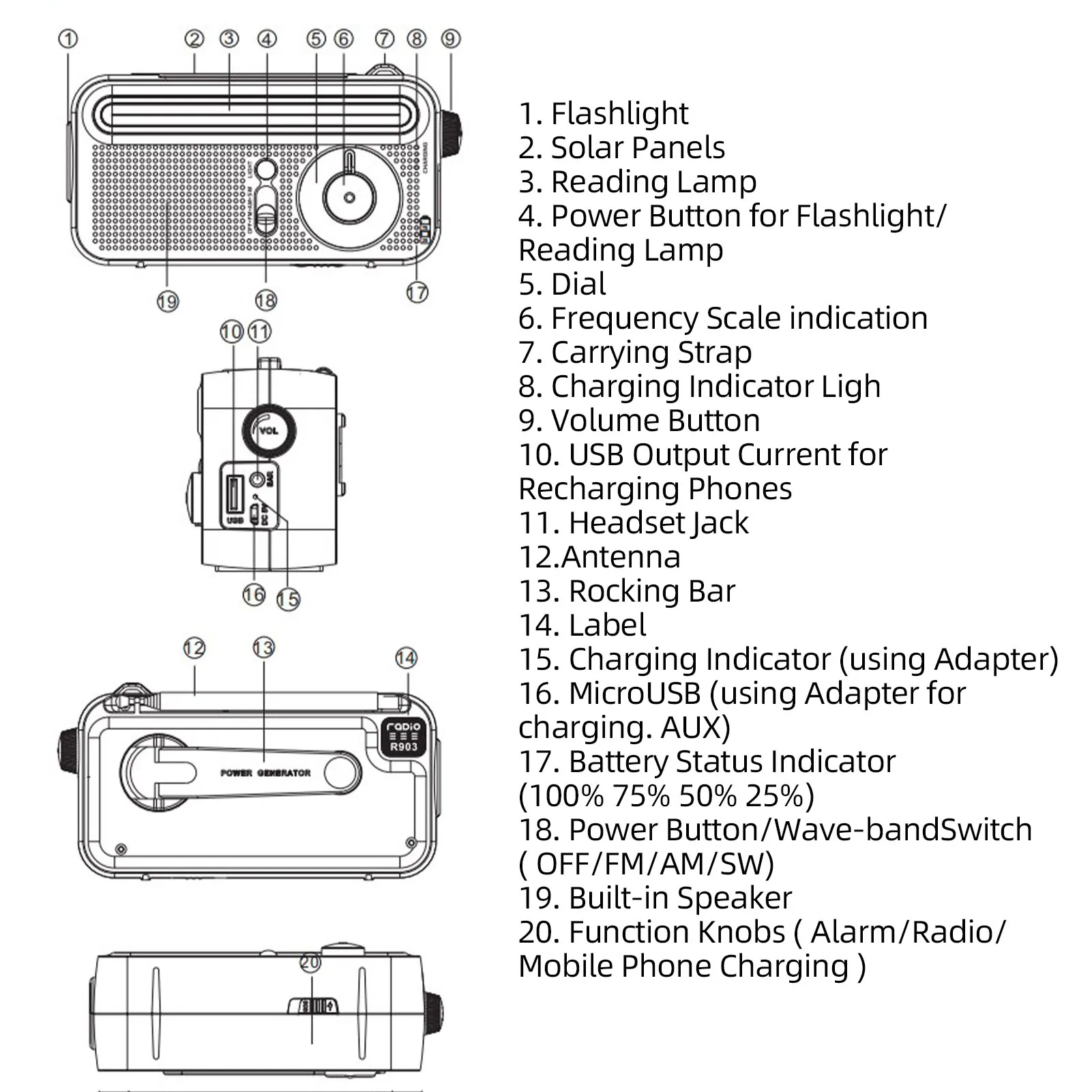 2000 мАч Аварийное радио Солнечная зарядка от солнечной батареи USB-зарядка Ручная