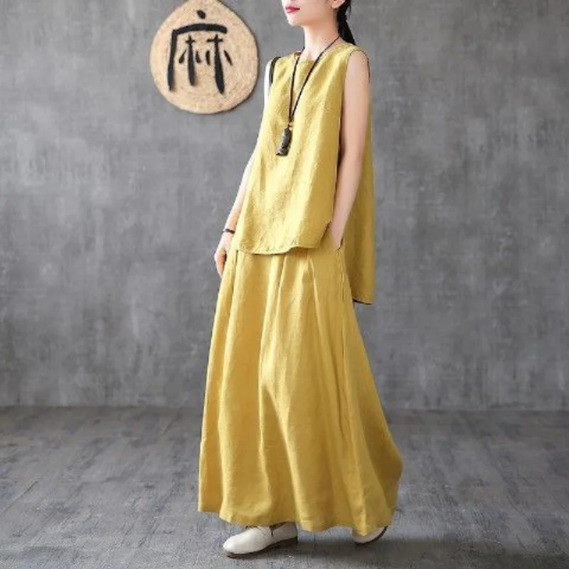

2023 Skirt Suits Temperament Cotton and Linen Two Piece Sets Womens Outifits Solid Retro Vest Loose Casual A-LINE Elegant Long S