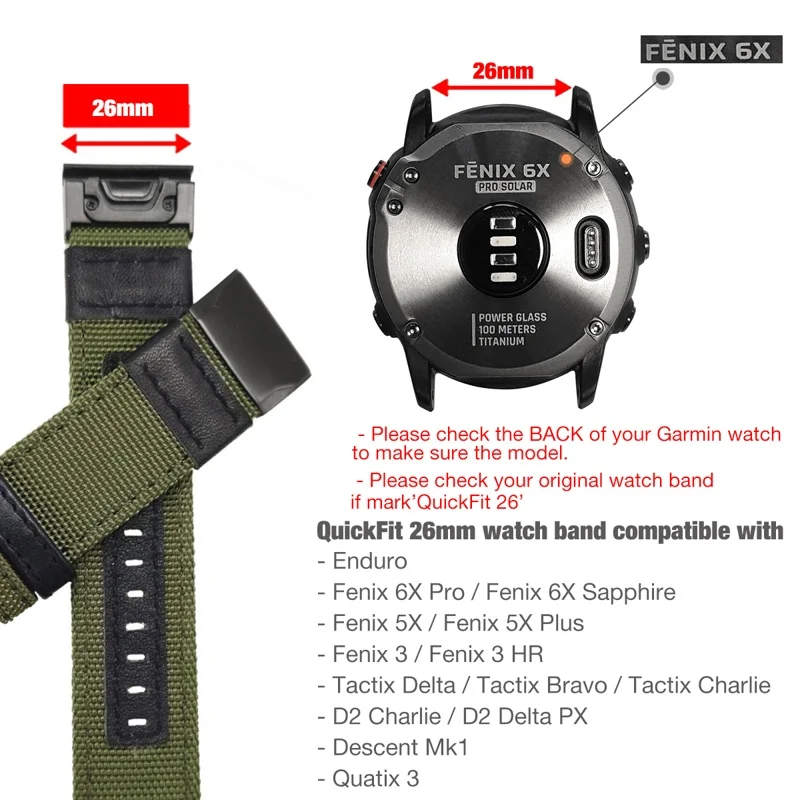 22/26mm canvas Strap Quick Release Nylon & leather Easyfit Replacement Wristband For Garmin Fenix 5 plus 5X 6 6X Pro 3HR 935 945