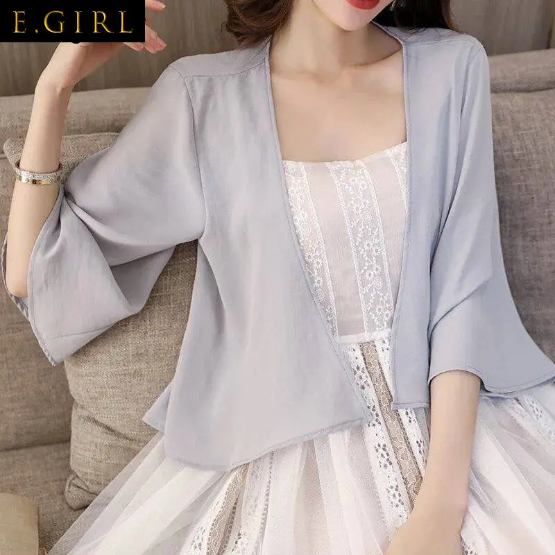 

E GIRLS Coats Women Summer Breathable Trendy Elegant Outerwear Open Stitch Sheer Jacket Female Feminine All-match Hot Sale