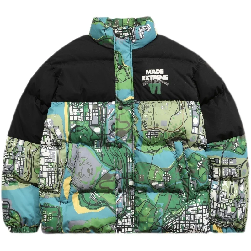 

2023 Winter Warm Coat Patchwork Vintage Map Digital Paint Harajuku Bread Jacket Oversize Male Parka Men's Clothing