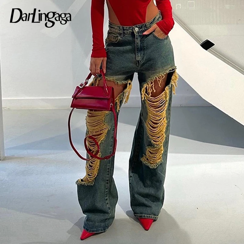

Darlingaga Streetwear Grunge Ripped Jeans for Female Hole Vintage Design Straight Leg Bagg Trousers Distressed Denim Pants Chic