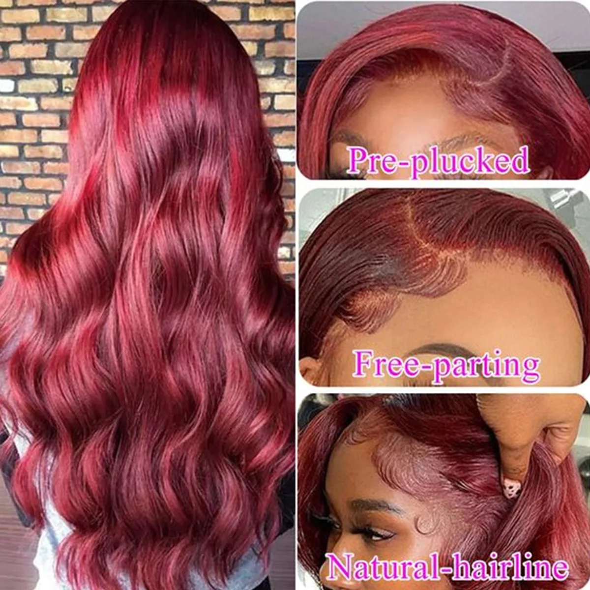 99j Парик Из Натуральных Волос 180 Плотность Темно-бордовый Объемная Волна