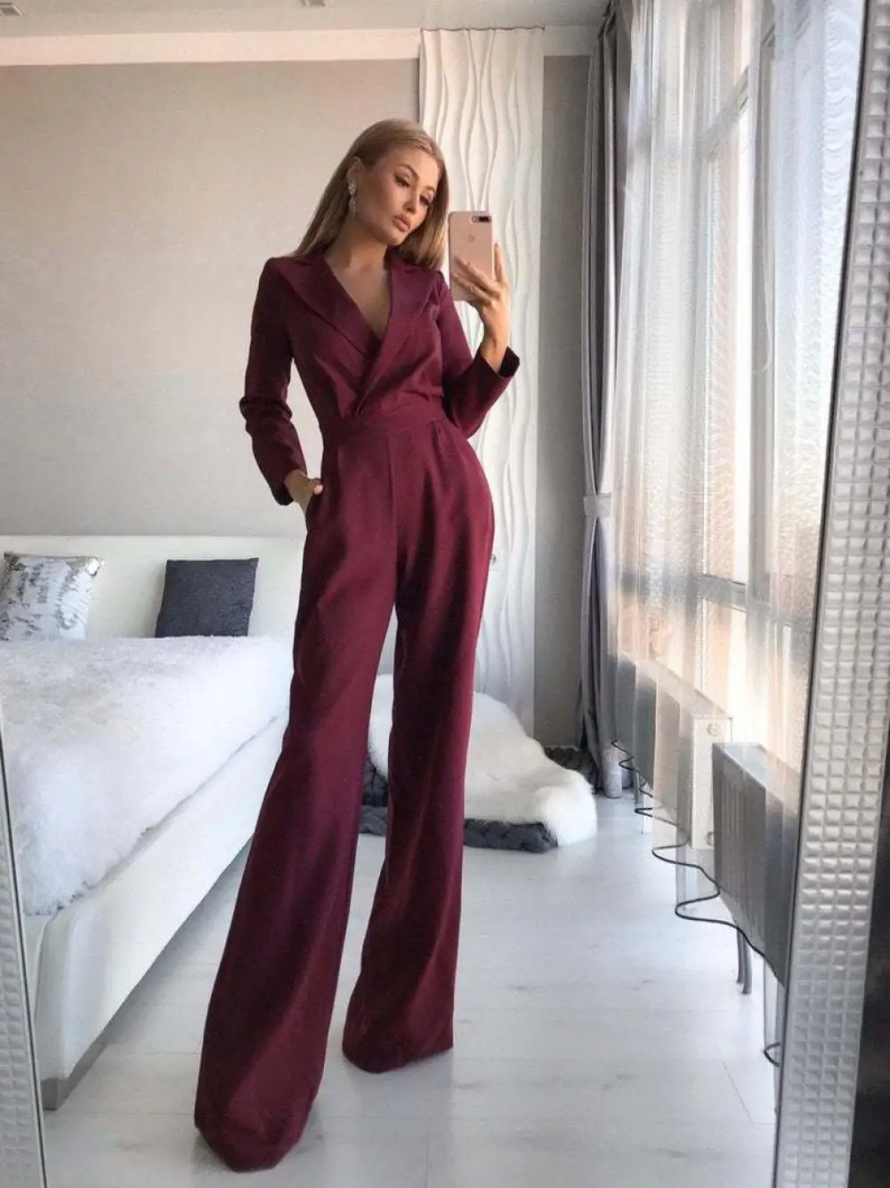 2022 Spring Fall High Waist Long Sleeve Slim Fit Jumpsuit Women V-Neck Solid Wide Leg Pants with Pocket Office Ladies Jumpsuits