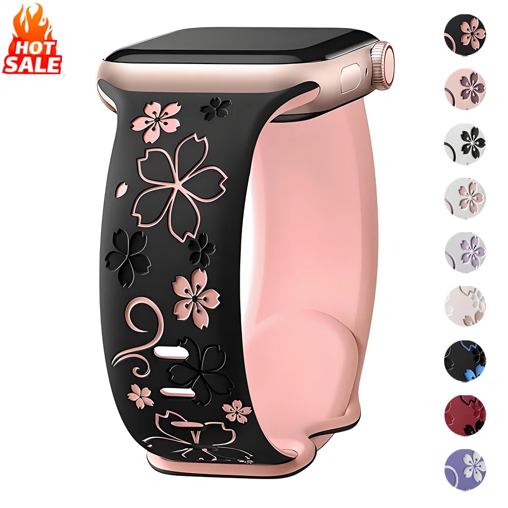 Фото Ремешок с цветочным узором и гравировкой Sakura для Apple Watch, 40 мм, 41 мм, 42 мм, 44 мм, 45 мм, 46 мм, 49 мм, силиконовый спортивный ремешок для iWatch Series 11, 10, SE, 9, 8, 7, 6 №1