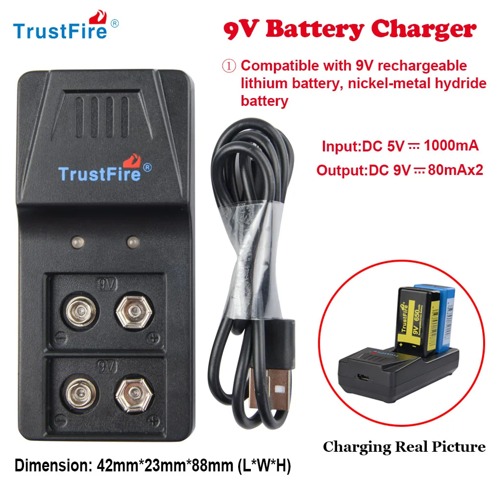 

TrustFire Original 9V Lithium Ni-MH Battery Charger 2 Slots DC 9V Micro USB Lightweight Rechargeable Batteries Charger BC01