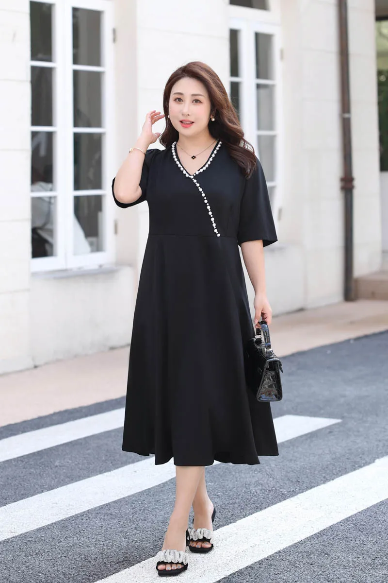 2023 Женщины Весна - Лето Женское платье Большой размер Короткие рукава V воротник