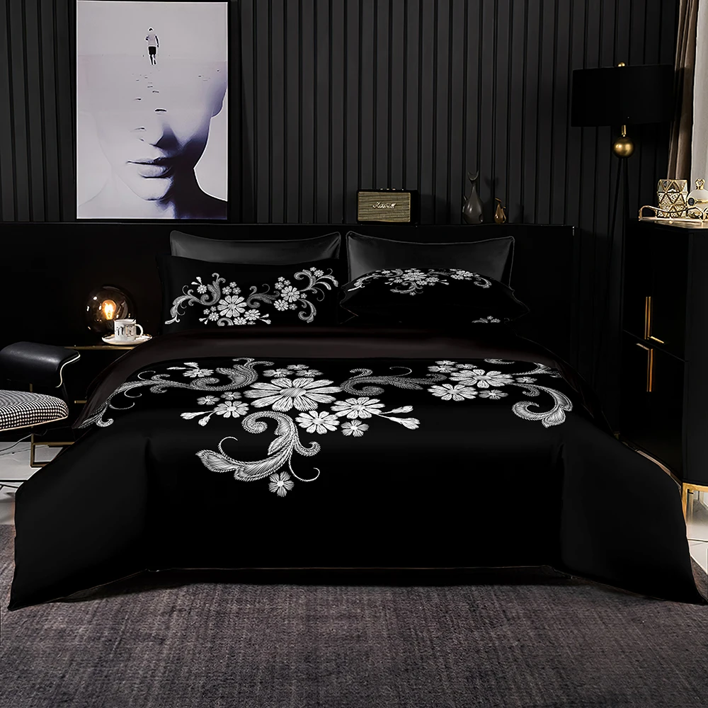 

White Petal Print Bedding Set Chinese Style Duvet Cover Set & Pillowcase Quilt Cover Queen King Size Easy Care Bed Accessory