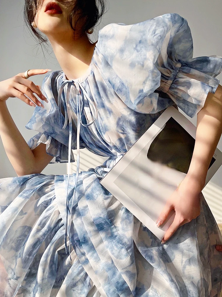 

French Vintage Floral Party Dress Elegant Puff Sleeve Midi Dress Office Lady Casual Fashion Dress Woman Beach 2023 Summer Chic