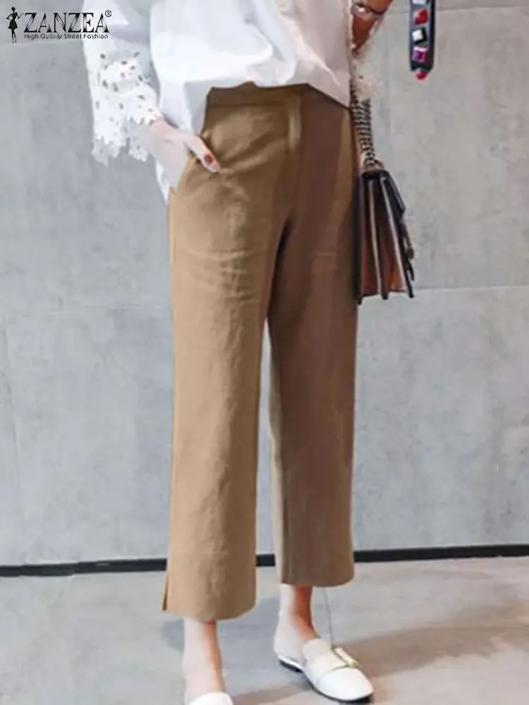 

Элегантные офисные брюки ZANZEA, Летние Женские однотонные шаровары с эластичным поясом, женские свободные повседневные однотонные брюки-Пал...