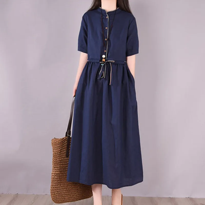 

2022 New Arrival Short Sleeve Loose Cozy Summer Dress Draw String Slim Cotton Linen Office Lady Work Dress Women Casual Dress