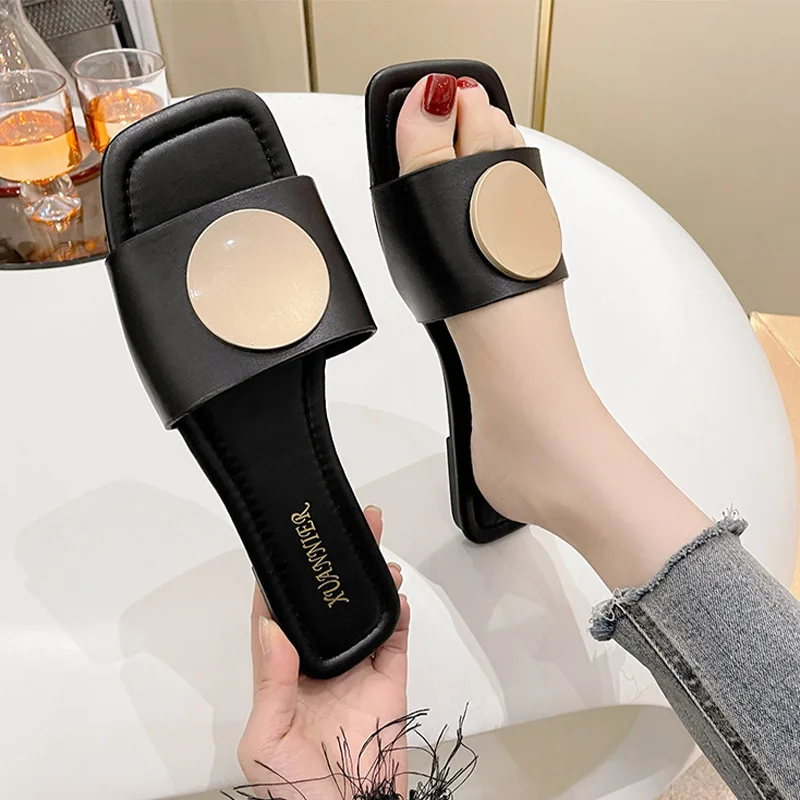 

Шлепанцы женские с квадратным носком, повседневные сандалии на плоской подошве, пляжная обувь для дома, модные тапочки, 2023