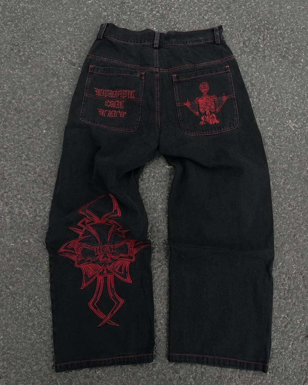 Retro Skull Embroidery Washed Mens Jeans Pants Y2K Straight Casual Oversize Denim Trousers Loose Streetwear Pantalones