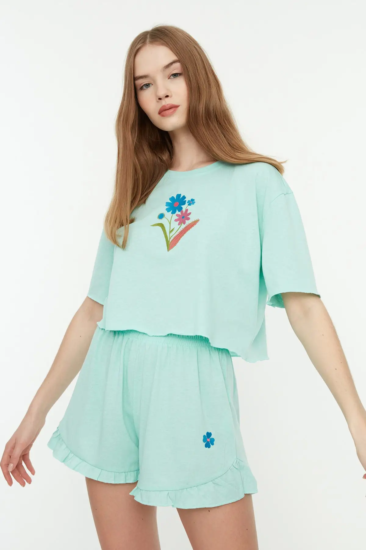 

Women's Pajamas Mint Floral Embroidery Knitted Sleep Lounge Pajamas Nightwear Nightwear Nightwear Casual Home Clothing