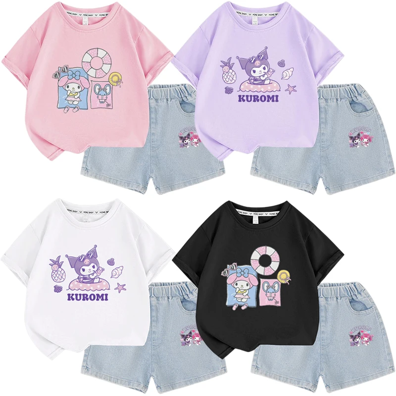 

Sanrios Anime Cartoon Kuromi My Melody Children Short Sleeve T-shirt Denim Shorts Sweet Cute Girls Top Clothing Half Sleeves