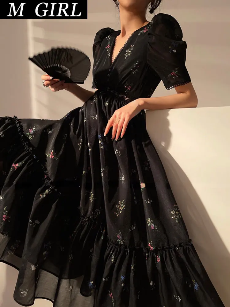 

Женское винтажное платье миди, черное платье с цветочным принтом и коротким рукавом, элегантное платье во французском стиле, Пляжное повседневное корейское платье, лето 2023