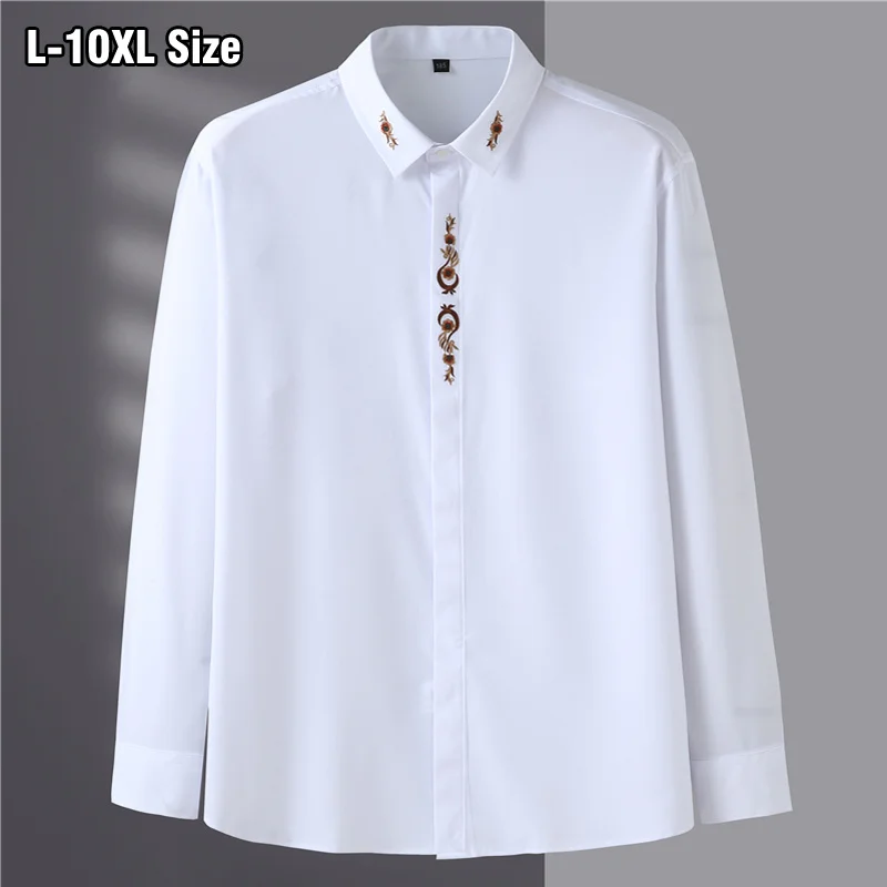 

7XL 8XL 9XL 10XL Men's Long Sleeve Shirts Elegant Embroidery Dress 2022 Spring Loose Casual Elasticity Shirt Plus Size Clothing