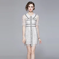 2022 summer new womens high end temperament lapel short sleeve five pointed star sequin embroidery hollow out fashion dress