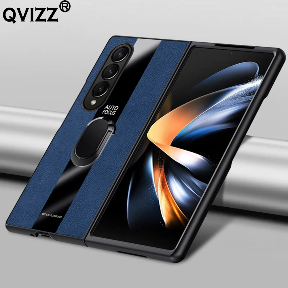 

Leather Case for Samsung Galaxy Z Fold4 Fold3 Fold2 5G Plexiglass Car Magnetic Ring Holder Luxury Hard Phone Cover SamsungZFold4