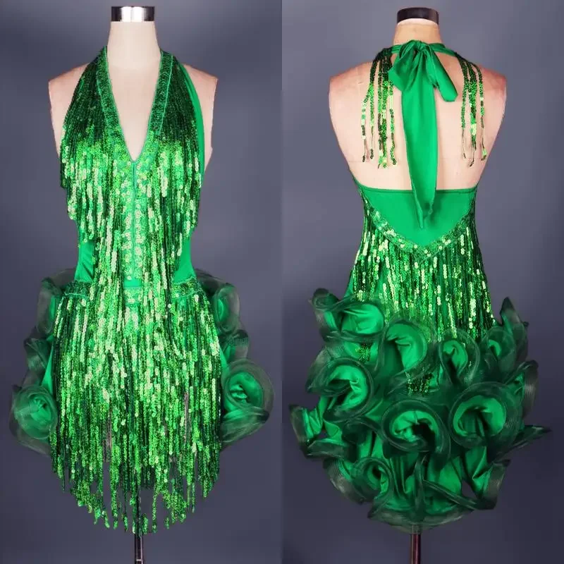 

Женское платье для латиноамериканских танцев, зеленое профессиональное платье с бахромой и кисточками для соревнований, красочный костюм самбы