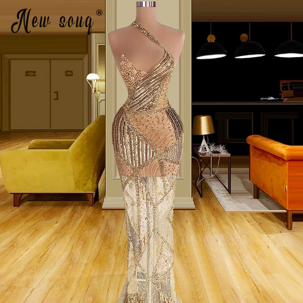 

Arabic Long Mermaid Evening Dress 2022 Champagne Illusion Pearls V Neck Formal Prom Gowns Women Sexy Pageant Club Party Gowns