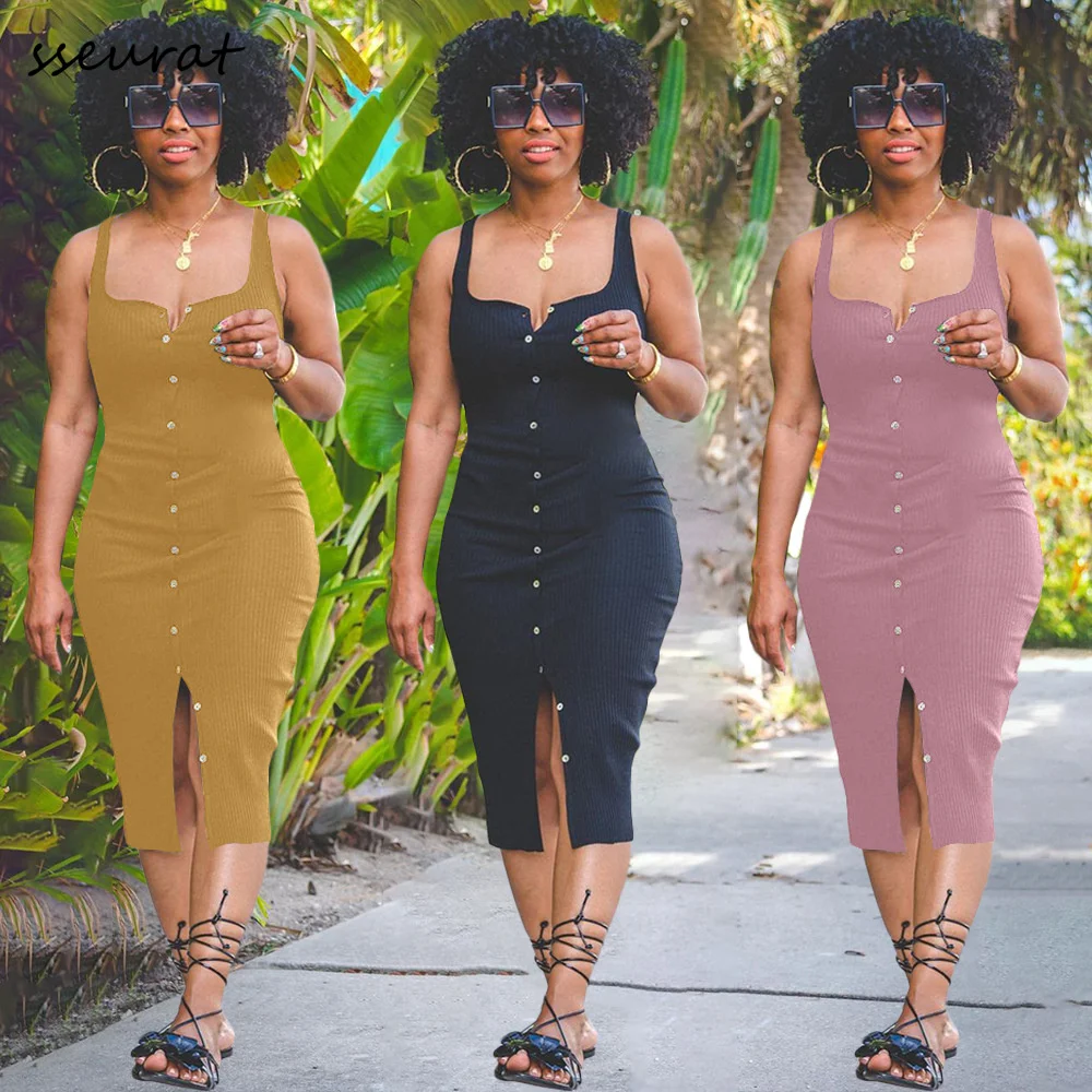 

Fashion Women Summer Solid Color Pencil Dress Knit Ribbed Button Sleeveless Slim Hips Midi Dress