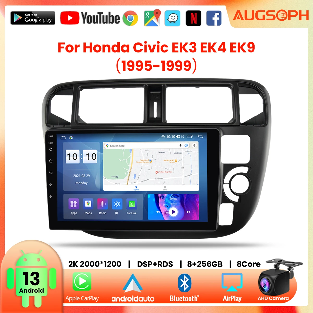 

Автомобильный радиоприемник Android 13 для Honda Civic EK3 EK4 EK9 1995-1999, 9 дюймов 2K мультимедийный плеер с 4G Carplay DSP и 2Din GPS