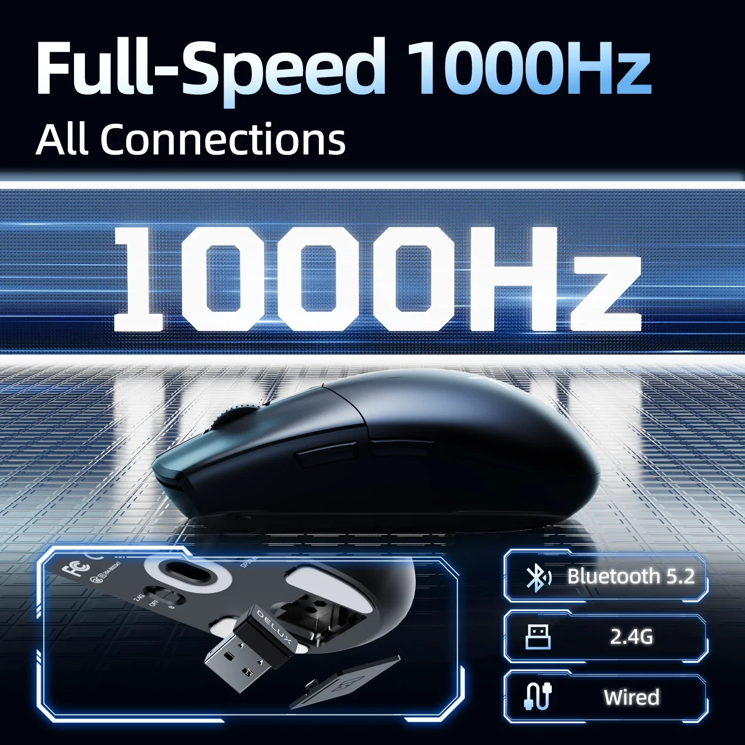Фото Беспроводная игровая мышь Delux M200, 24000DPI, PAW3311, 2,4 ГГц + Bluetooth + проводное подключение, перезаряжаемая, 500 мАч, сверхлегкая, 56,4 г №2