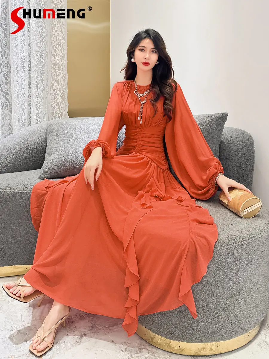 

Graceful Orange Puff Sleeve Long Dress for Women 2023 New Spring Elegant Ladies High Waist Slimming All-Matching Maxi Dresses