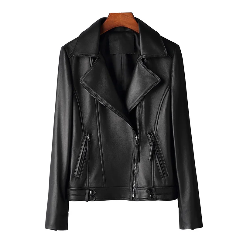 2022 New High Quality Genuine Leather Short Jacket Women Spring Autumn Motorcycle Top Suit Collar Sheepskin Coat Black Outerwear