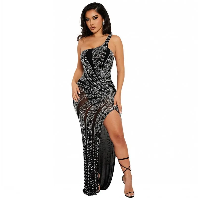 

African Sexy Slim Hot Diamond Evening Dress Solid Color Wrapped Chest Slanted Shoulders Slit Perspective Bag Hip Long Skirt