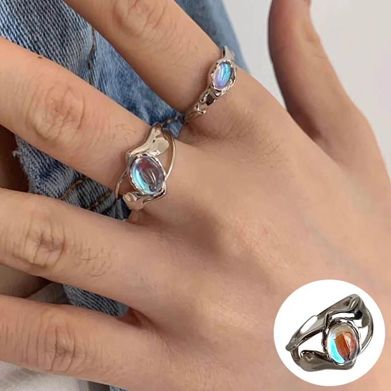 

100% 925 Sterling Silver Moonstone Irregular Ring for Women Girl Geometric Hollow Out Design Jewelry Party Gift Dropshipping