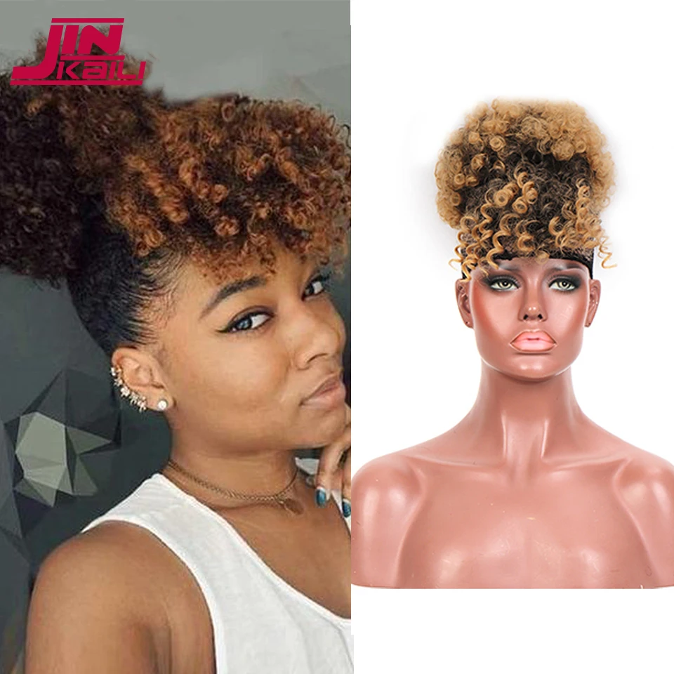

JINKAILI Synthetic Braided Bun African Puff Drawstring Curly High Ponytail With Bangs Short Wig Braided Hair Extensions Black