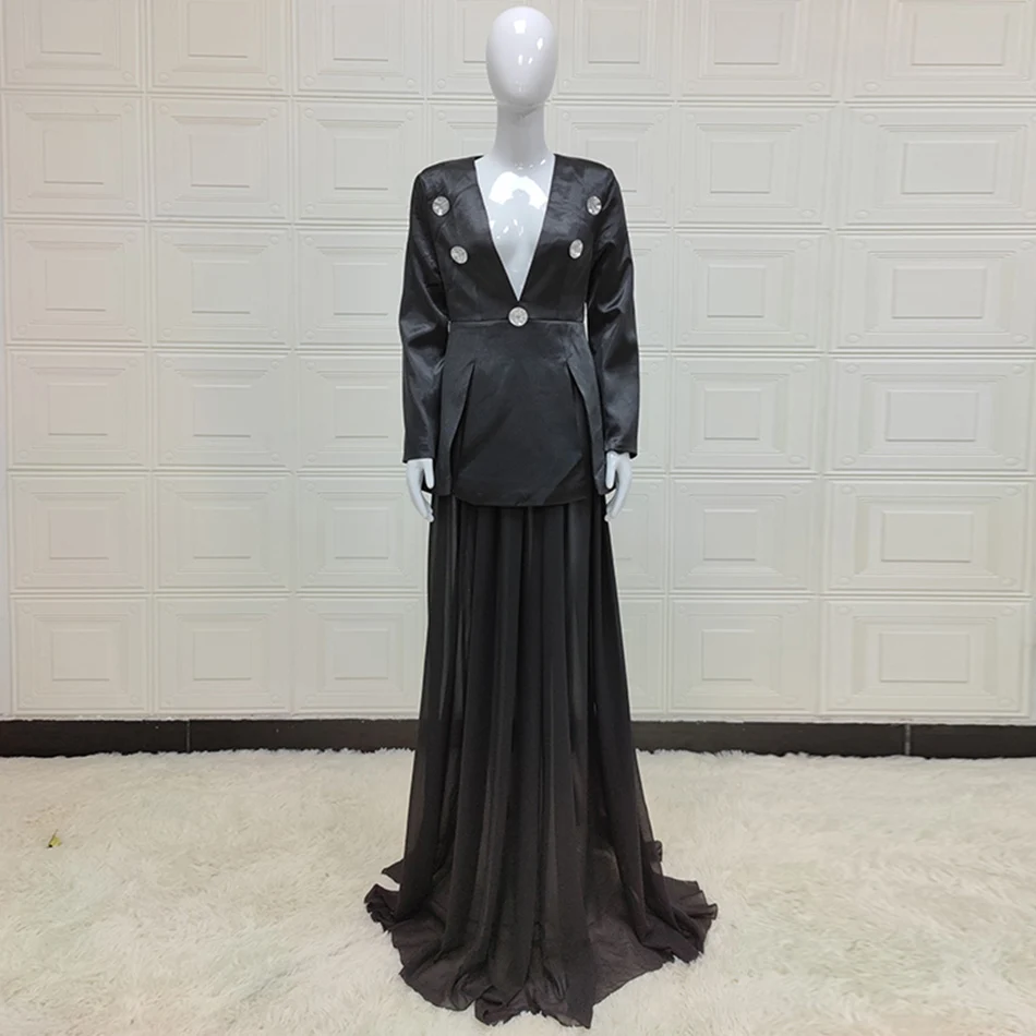 Free Shipping 2022 New High Street Women's Suit Sexy V-Neck Long Sleeve Diamond Button Blazer & Tulle Maxi Dress Set enlarge