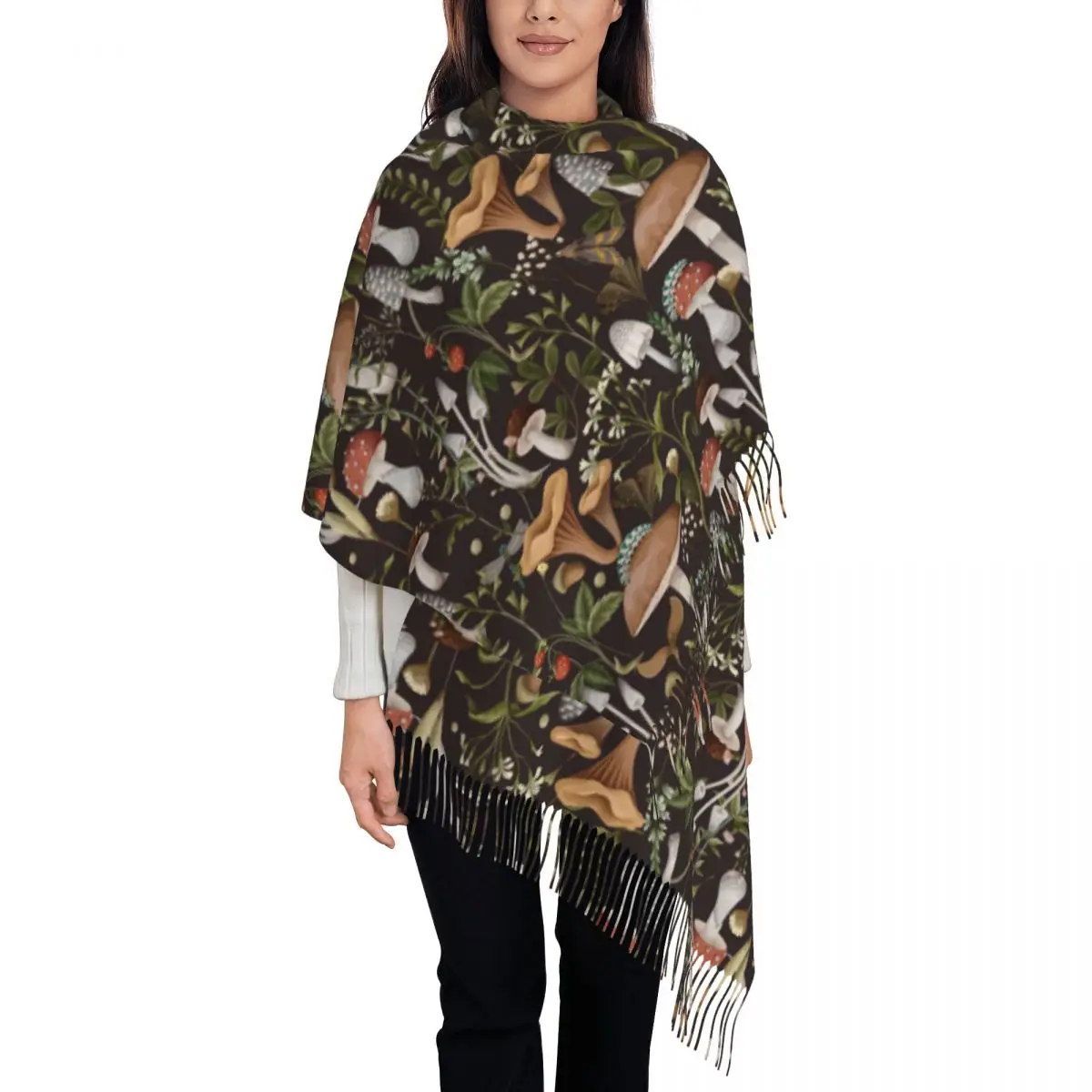 

Mushroom Berries And Bugs Scarf for Women Winter Warm Cashmere Shawls and Wrap Natural Vintage Scarves with Tassel Daily Wear