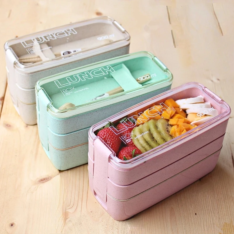 

900ml 3 Layers Lunch Box Bento Food Container Eco-Friendly Wheat Straw Material Microwavable Dinnerware Lunchbox for Kids 2022
