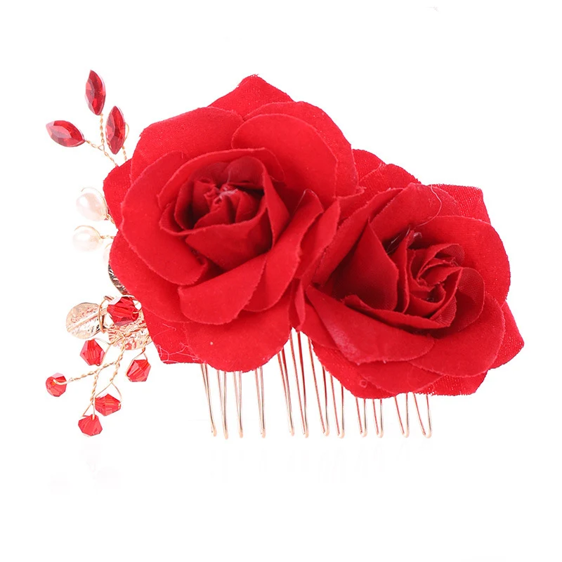 

1pcs Exquisite Rose Flower Hair Comb New Imitation Pearl Red Floral Combs for Bridal Jewelry Tiaras Wedding Headdress NA