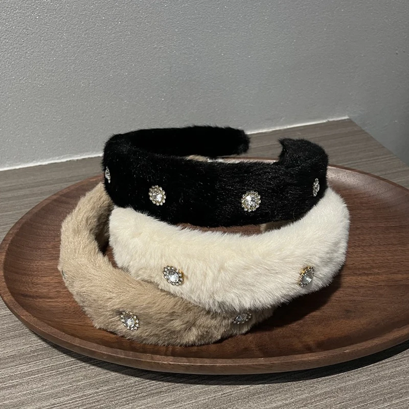 

South Korea Autumn Winter Rhinestone Plush Hair Band Fluffy Thickened Plush Headdress Furry Faux Fur Head Hoop Hair Accessories