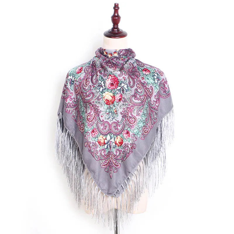

90*90cm Women Russian Scarf Luxury Floral Print Square Bandana Ethnic Fringed Shawl Babushka Handkerchief Blanket Scarves