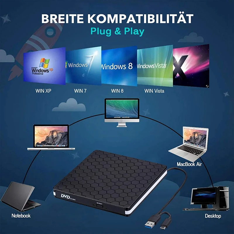 Внешний привод CD DVD с USB 3 0 Type-C портативный Plug & Play Superdrive для ноутбуков настольных