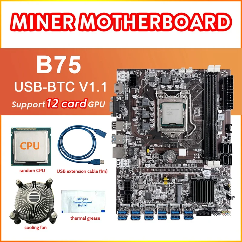 B75 12 Card BTC Mining Motherboard+CPU+Cooling Fan+Thermal Grease+USB Extension Cable 12XUSB3.0 Slot LGA1155 DDR3 MSATA