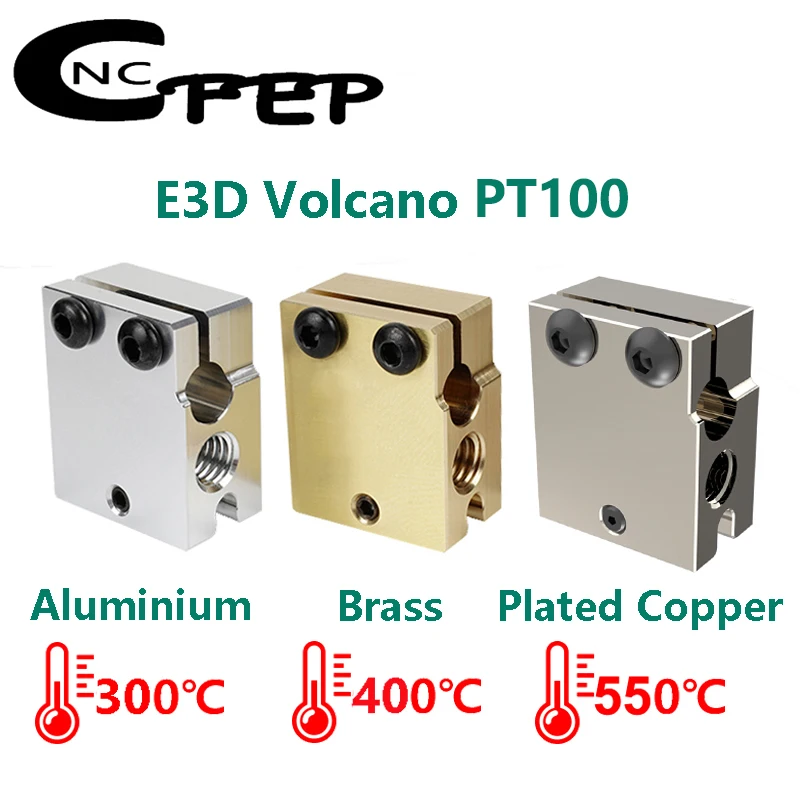 

CNCFEP 2pcs Top Quality PT100 Volcano Heated Block Hotend Aluminum Brass Plated Copper Heating Block E3D Volcano 3D Printer Part