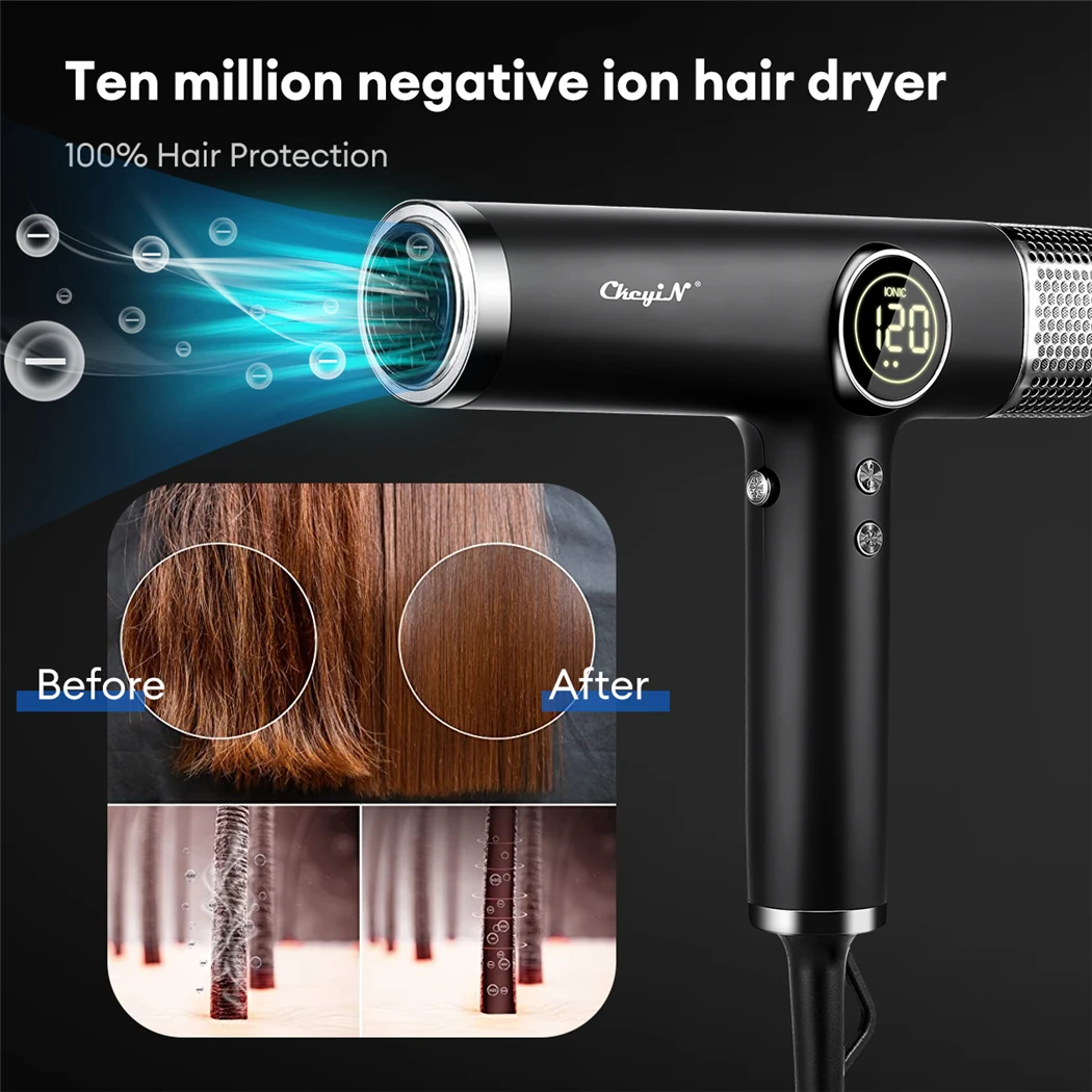 CkeyiN 1500W Hair Dryer Brushless DC Motor Blow Dryer Low Noise Hair Styling Tool with 3 Wind Speed 4 Temperatures LCD Display enlarge