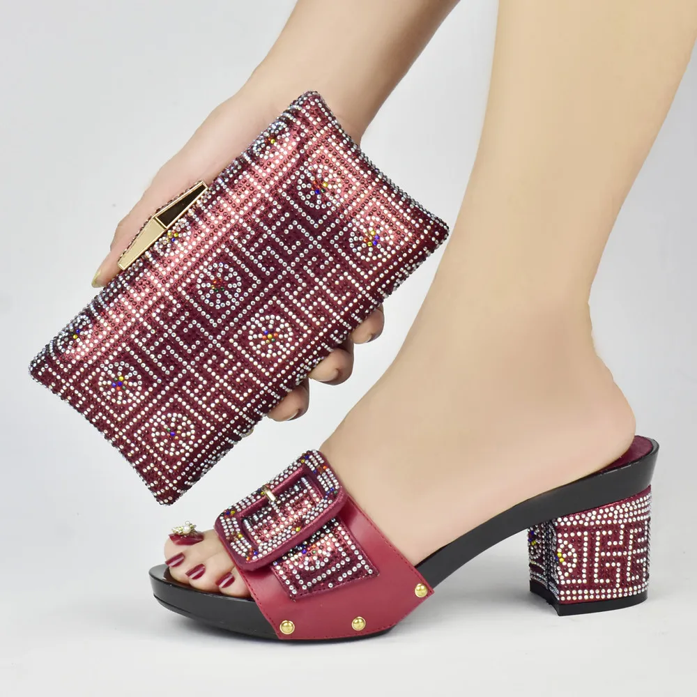 

New Full Of Crystal Decoration Style Leather Buckle Wine Color Heel Party Shoes Nigerian Ladies Shoes And Bag For Party Wedding